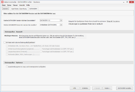 Schritt 1: DATANORM-Version, Datei-Art